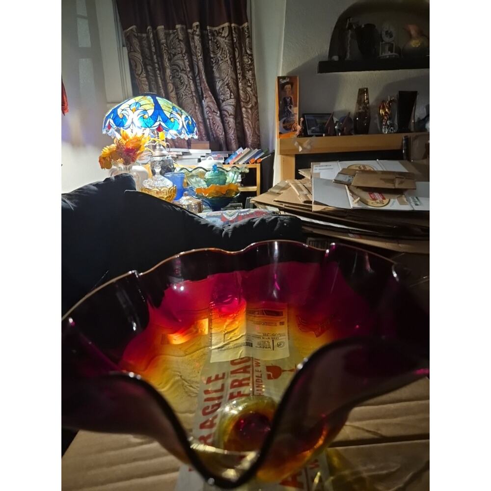 Vintage Bohemian Art Glass Bowl With Ruffled Free Form Rim Sommerso Cranberry...